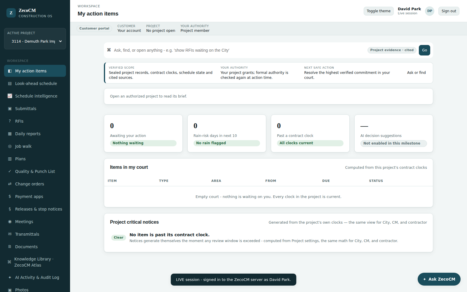 TRACE Management System project dashboard showing action items, contract clocks, and project notices